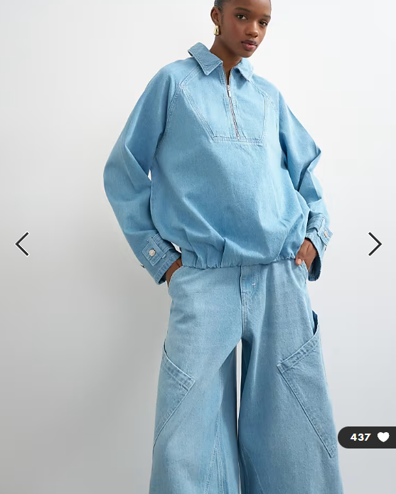 Topshop denim collared quarter zip blouson jacket in mid blue