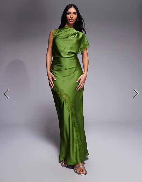 Forever New satin and lace asymmetric shoulder maxi dress in green