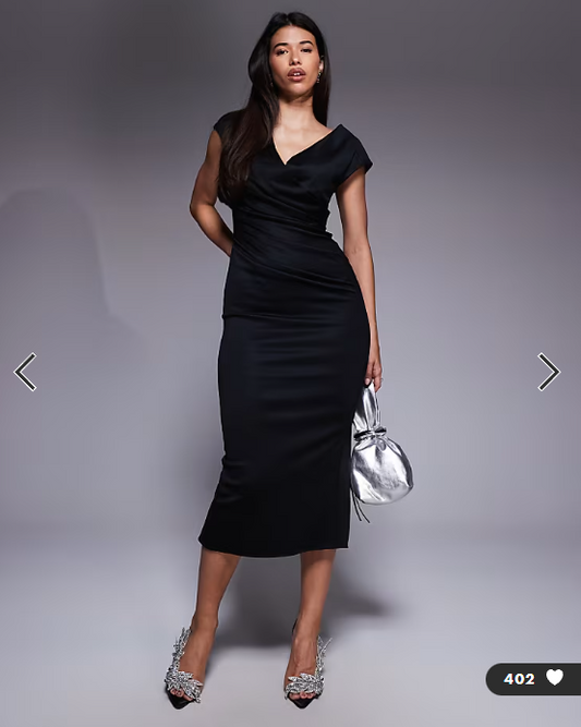 ASOS DESIGN structured midi dress with capped sleeve and draped cross front in black