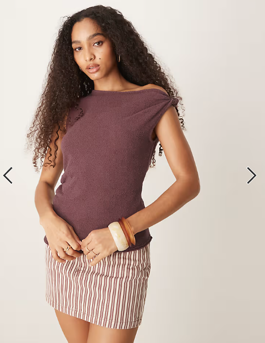 ASOS DESIGN knitted draped asymmetric slub one shoulder top in burgundy