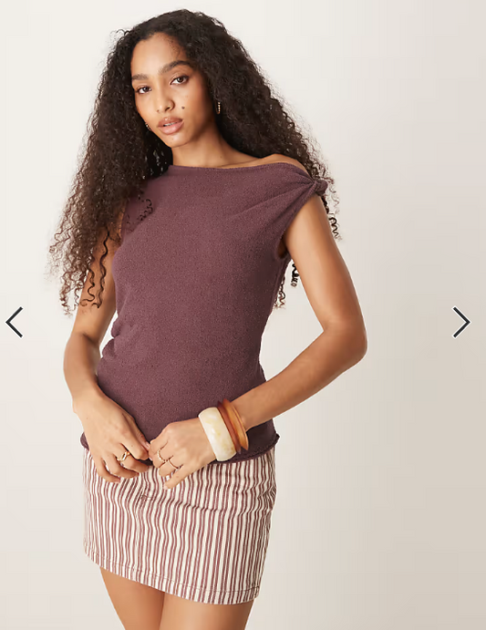 ASOS DESIGN knitted draped asymmetric slub one shoulder top in burgundy