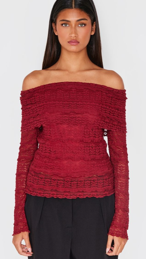 Plt - Burgundy Textured Bardot Long Top