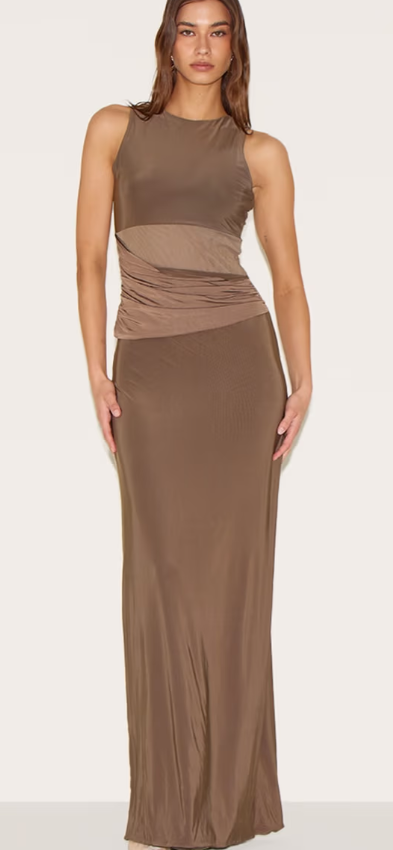 Plt - Mushroom Slinky Mesh Cut Out Maxi Dress
