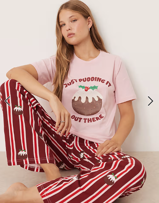 Threadbare short sleeve christmas pudding pyjamas with stripe trouser in pink and red SET