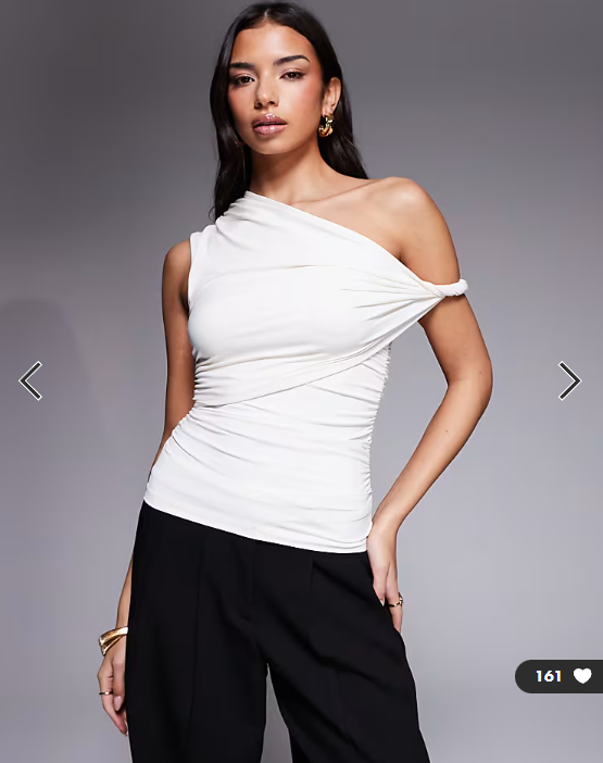 ASOS DESIGN polyamide ruched twist side cut away draped top in cream