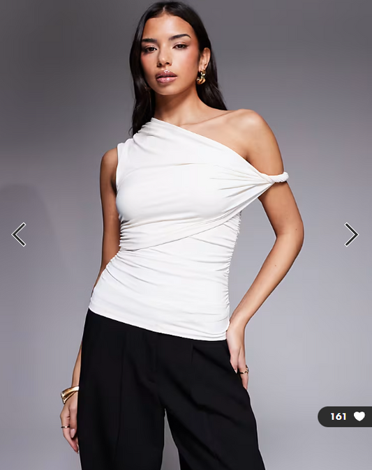 ASOS DESIGN polyamide ruched twist side cut away draped top in cream