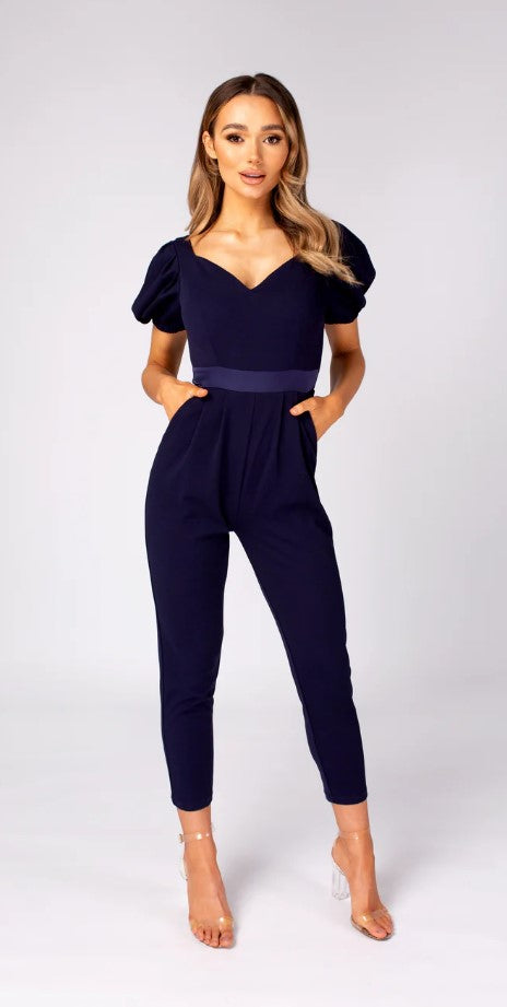 Skirt & Stiletto - NAVY JUMPSUIT WITH PUFF SLEEVE AND BACK TIE.