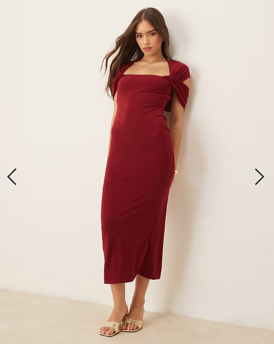 ASOS DESIGN twist shoulder midi dress in burgundy