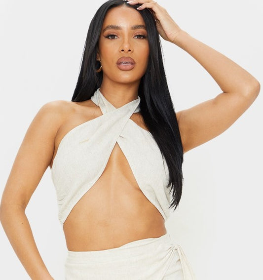 Sand Linen Look Cross Over Halter Crop Top