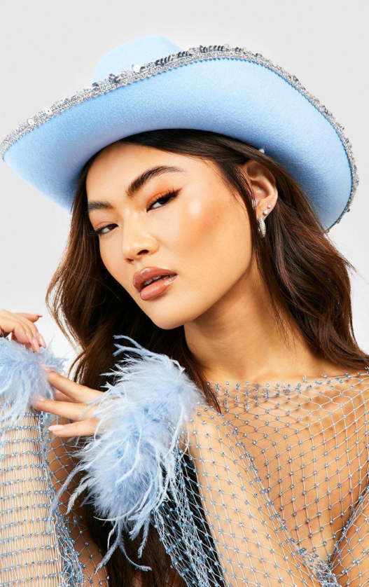 Blue Sequin Western Cowboy Hat - blue