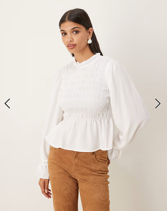 ASOS DESIGN high neck long sleeve smocked blouse in winter white