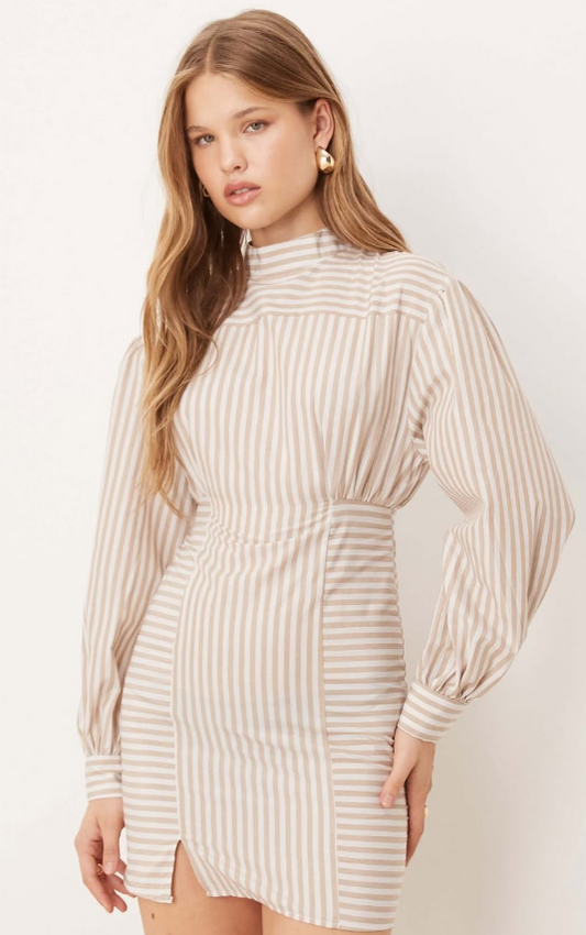 Asos -high neck poplin mini dress with pleated waist in stripe print