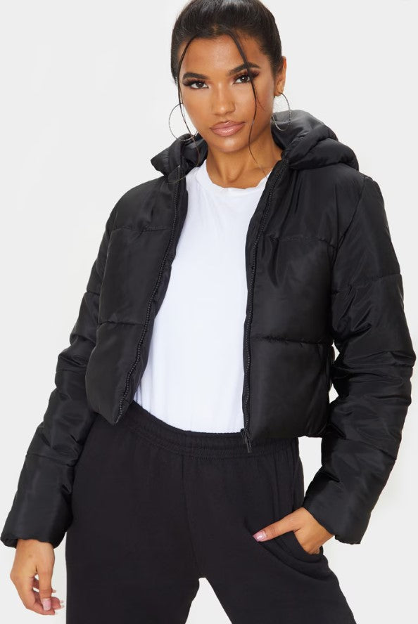 Black Basic Hooded Cropped Puffer