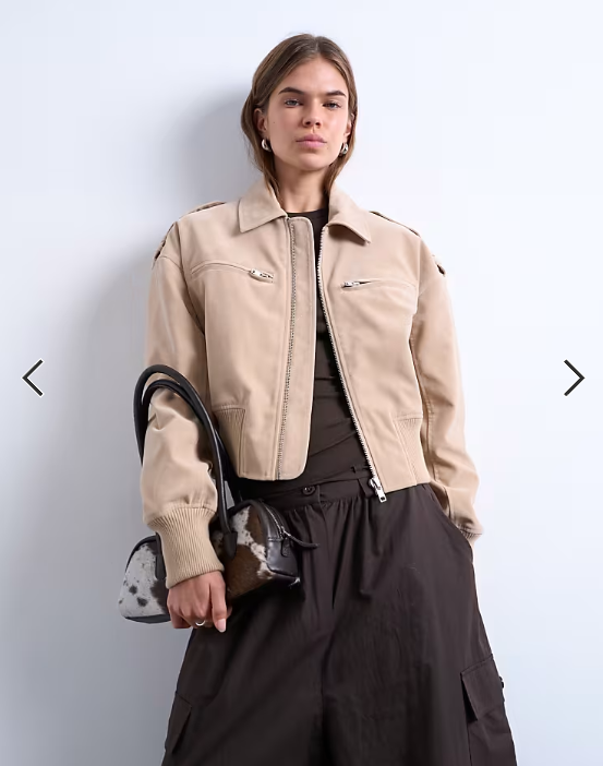 Topshop faux suede ovoid sleeve bomber jacket in stone