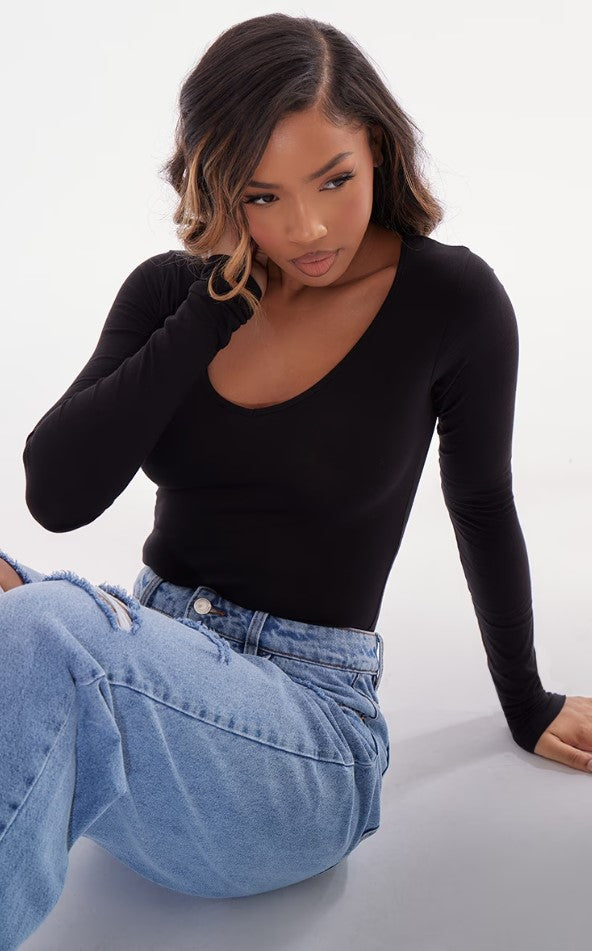 Basic Black Cotton Blend Plunge Long Sleeve Bodysuit