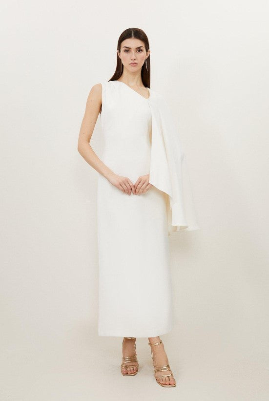 Ivory Fluid Tailored Asymmetric One Shoulder Drape Maxi Dress