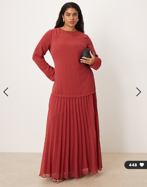 ASOS DESIGN Curve long sleeved pleated skirt maxi dress in deep red ...