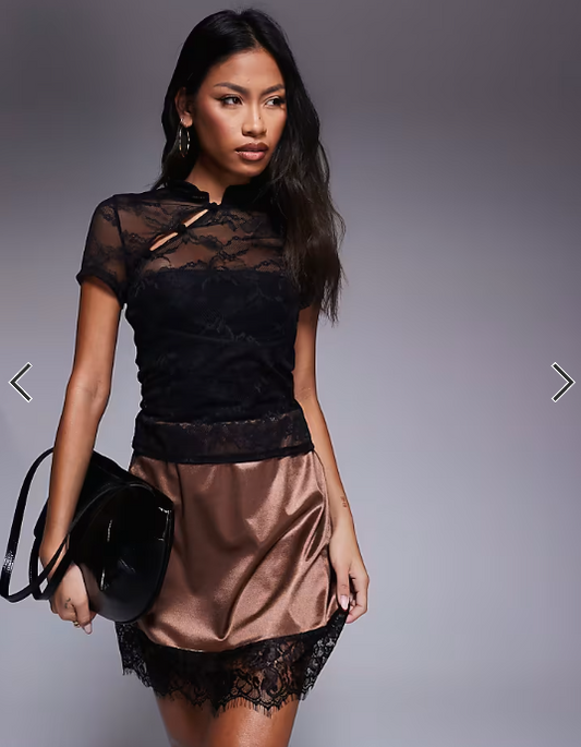 ASOS DESIGN fitted short sleeve lace top with rouleau loop button detail in black