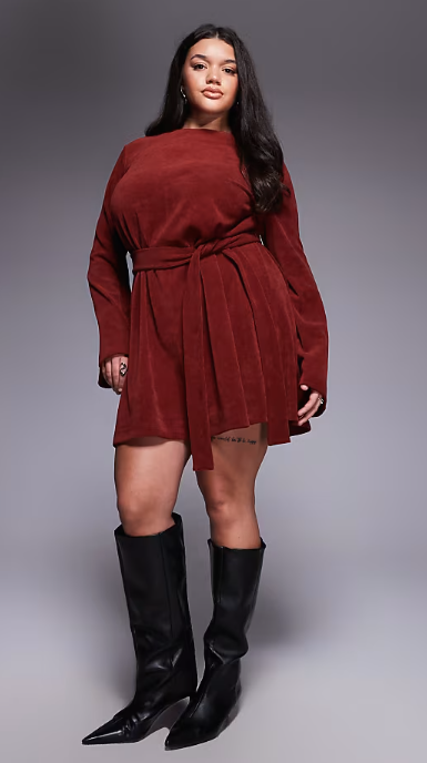 ASOS DESIGN Curve fluted sleeve tie waist corduroy mini dress in burgundy