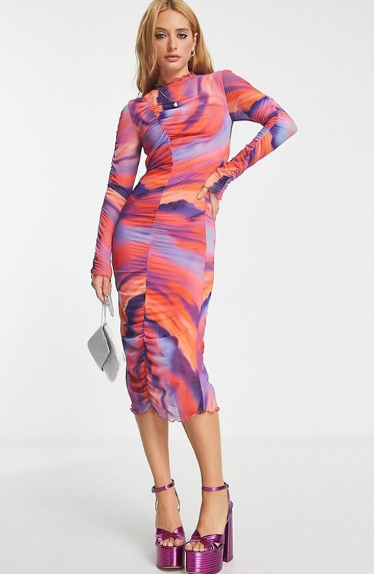 Envii long sleeve mesh midi dress in bright marble print