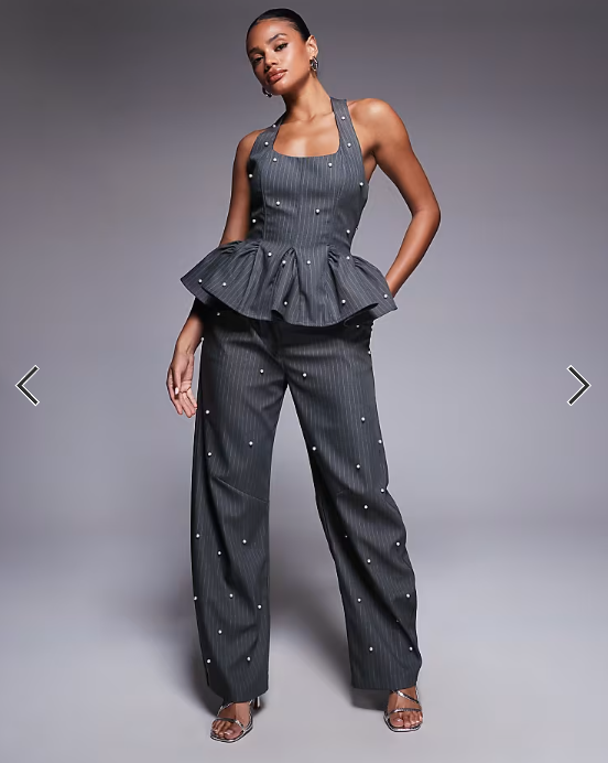 ASOS LUXE co-ord barrel trouser with pearls in grey pinstripe