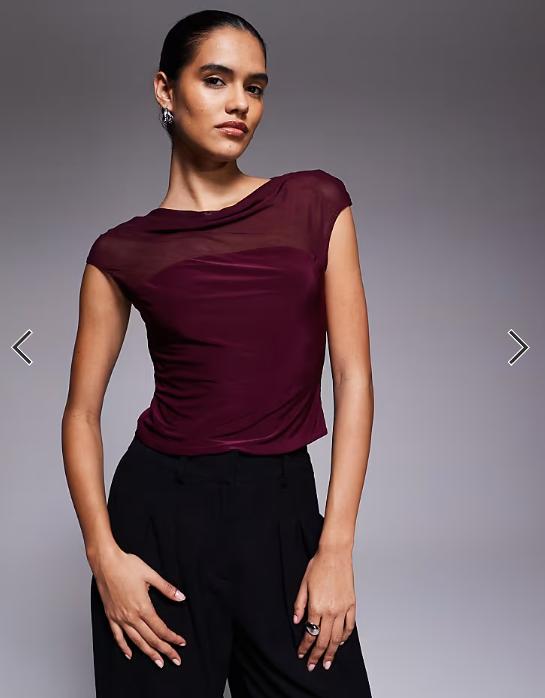 ASOS DESIGN mesh slinky mix slash neck top in berry