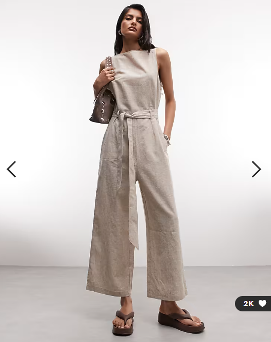 Monki linen sleeveless wide leg jumpsuit with tie belt detail in beige