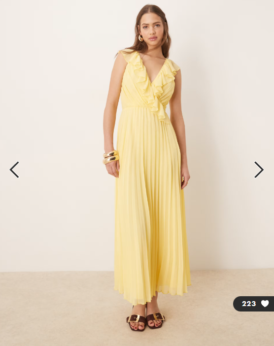 ASOS DESIGN frill wrap detail pleated midi dress in lemon yellow