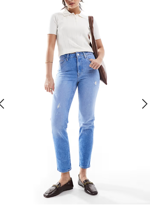 ONLY Emily high waisted straight leg jeans with slight distressing in light blue