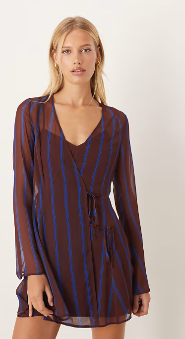 ASOS DESIGN wrap mini dress with ties in burgundy stripe