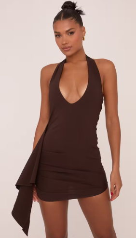 Plunge Bengaline Drape Halterneck Mini Dress