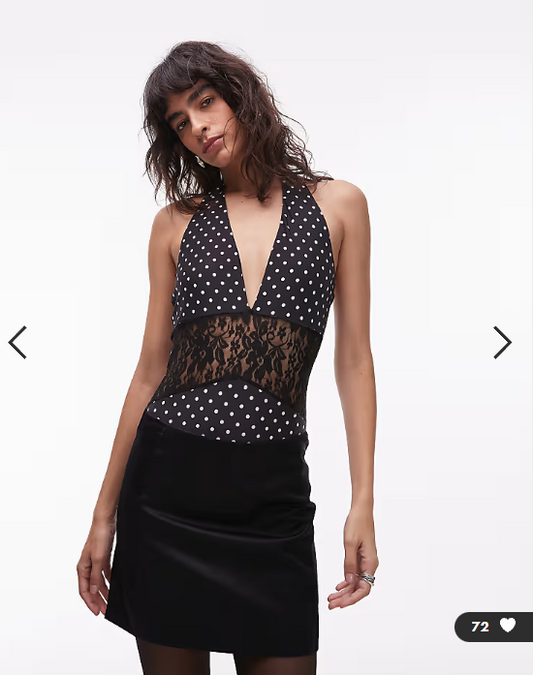 Asos - premium slinky halter neck bodysuit with lace panel in polka