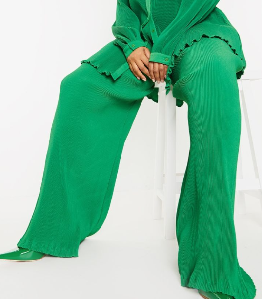 Plt - Plus Bright Green Plisse High Waisted Wide Leg Trousers