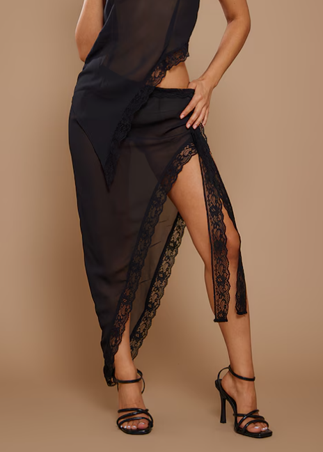 Petite Black Sheer Midi Skirt With Lace Detail