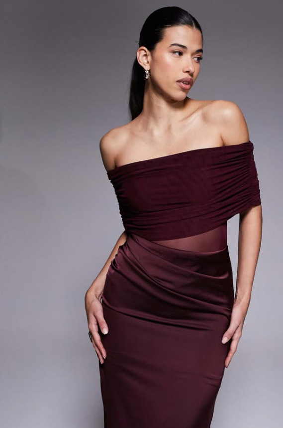 Aria Cove - bardot sheer panel drape detail fishtail satin maxi dress in burgundy