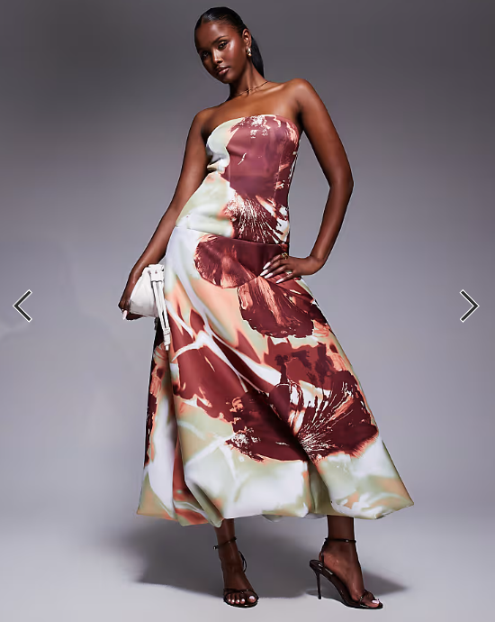ASOS DESIGN dropped waist puffball midaxi dress in oversized floral print in scuba-style fabric