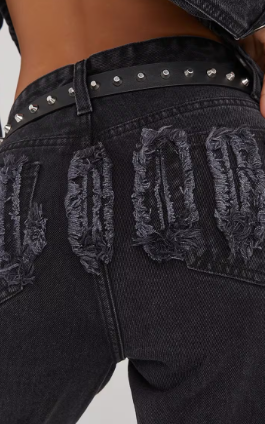 High Waist Distressed Slogan Print Detail Straight Leg Jeans In Black Denim