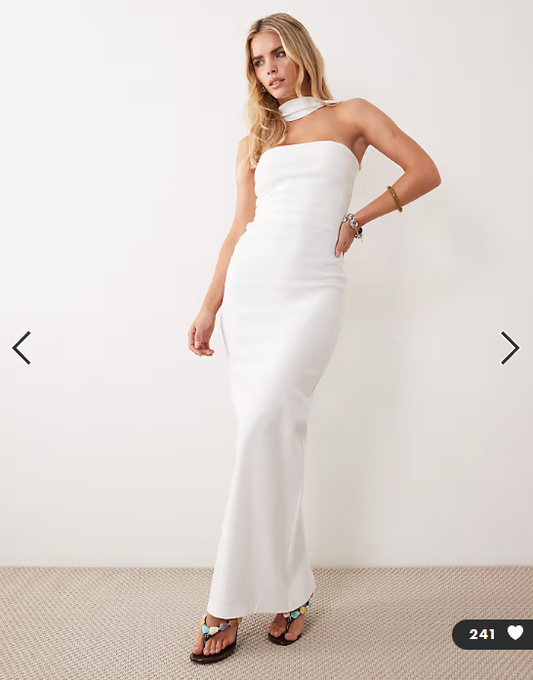 Vesper - petite bengaline bandeau choker detail back trim maxi dress in white
