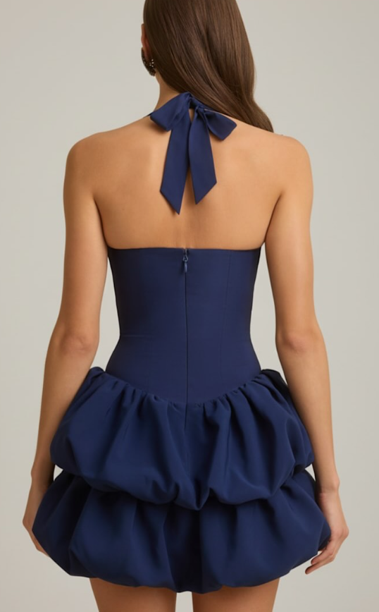 OhPolly-Halterneck Layered Bubble Hem Corset Mini Dress in True Navy