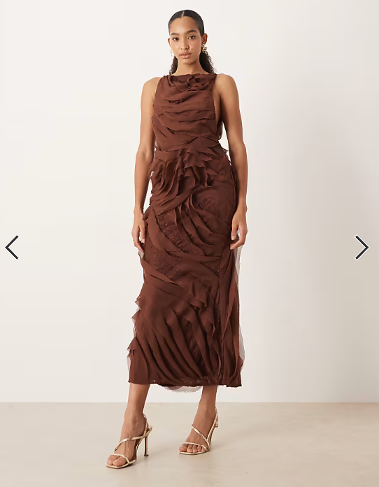 ASOS DESIGN high neck raw edge ruffle maxi dress with lace inserts in chocolate