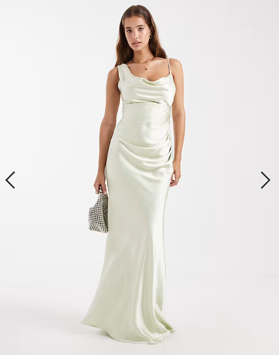 Six Stories Bridesmaid asymmetric cowl satin maxi dress in mint green