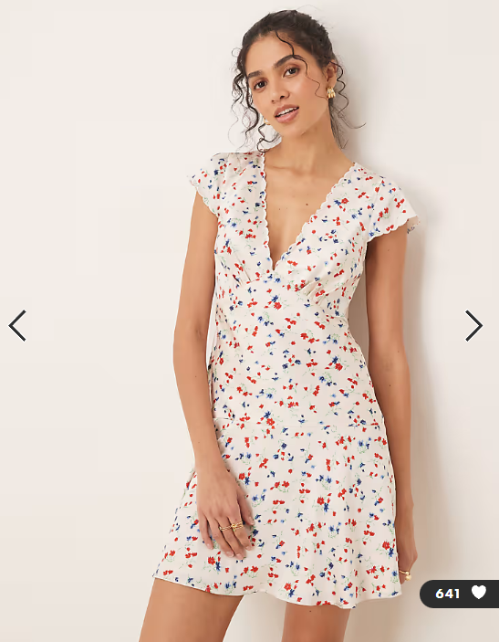 ASOS DESIGN satin flippy mini dress with scallop trim in ditsy floral