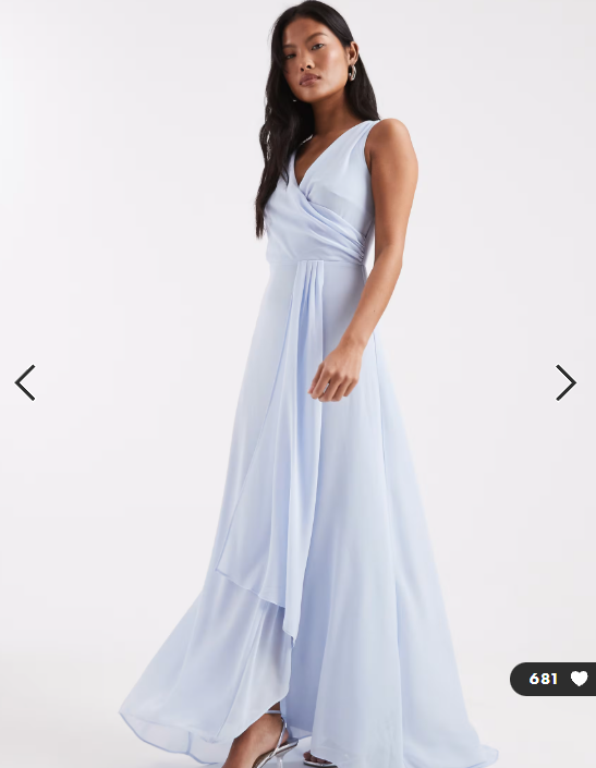 TFNC Petite Bridesmaid chiffon wrap top draped maxi dress in blue