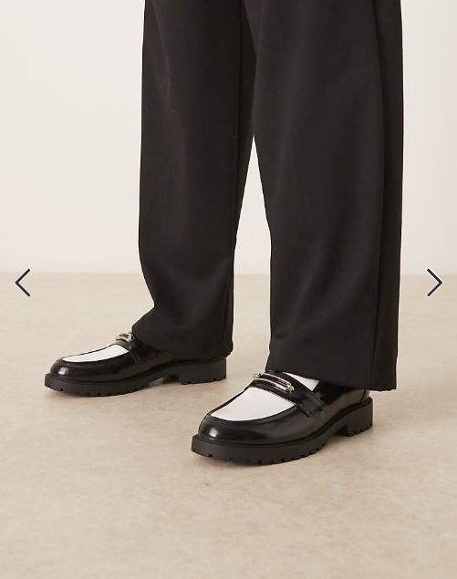 ASOS DESIGN loafers in black and white with gold snaffle on cleated sole
