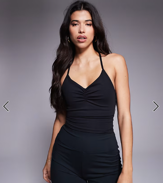 4505 soft touch ruched front yoga cami with inner bra in black