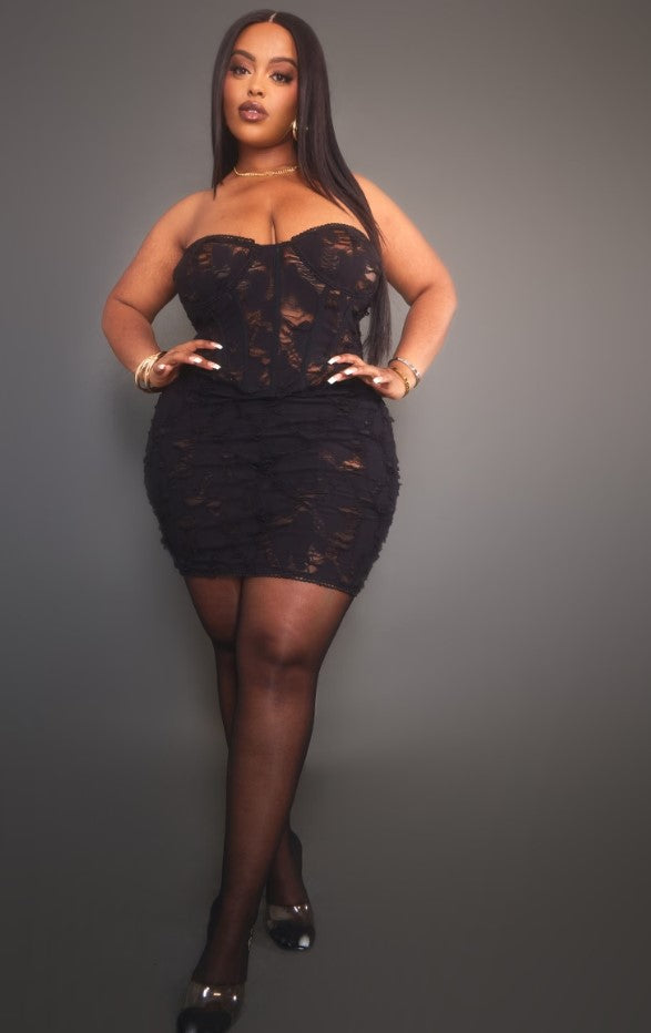 Plus Black Distressed Laddered Mini Dress