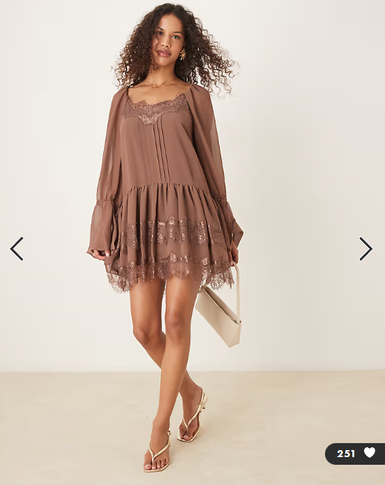 ASOS DESIGN long sleeve sweetheart neckline frilly mini dress in mocha