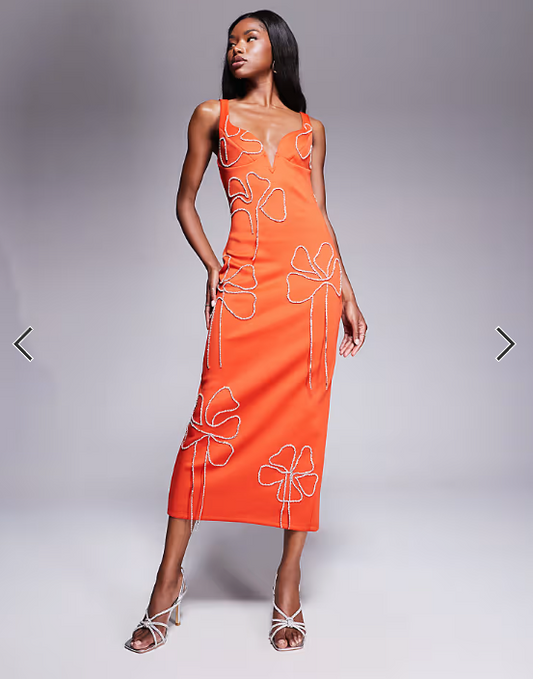 ASOS DESIGN sweetheart neckline pencil midi dress with flower chain embellishment in orange in scuba-style fabric