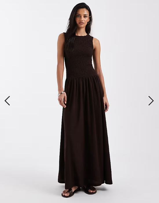 Brave Soul drop waist racer dress with shirred bodice in brown