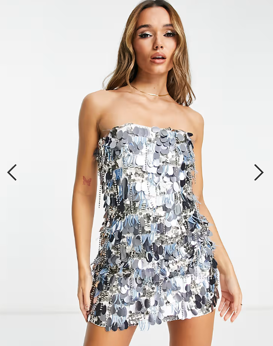 ASOS DESIGN embellished mini bandeau dress with diamante and disc sequin detail in silver